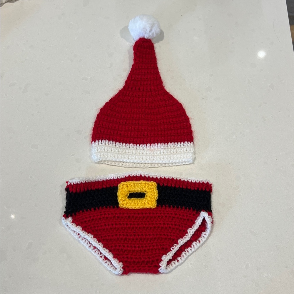 Festive knit Red and White Santa Hat and Diaper Cover Set 0-6m